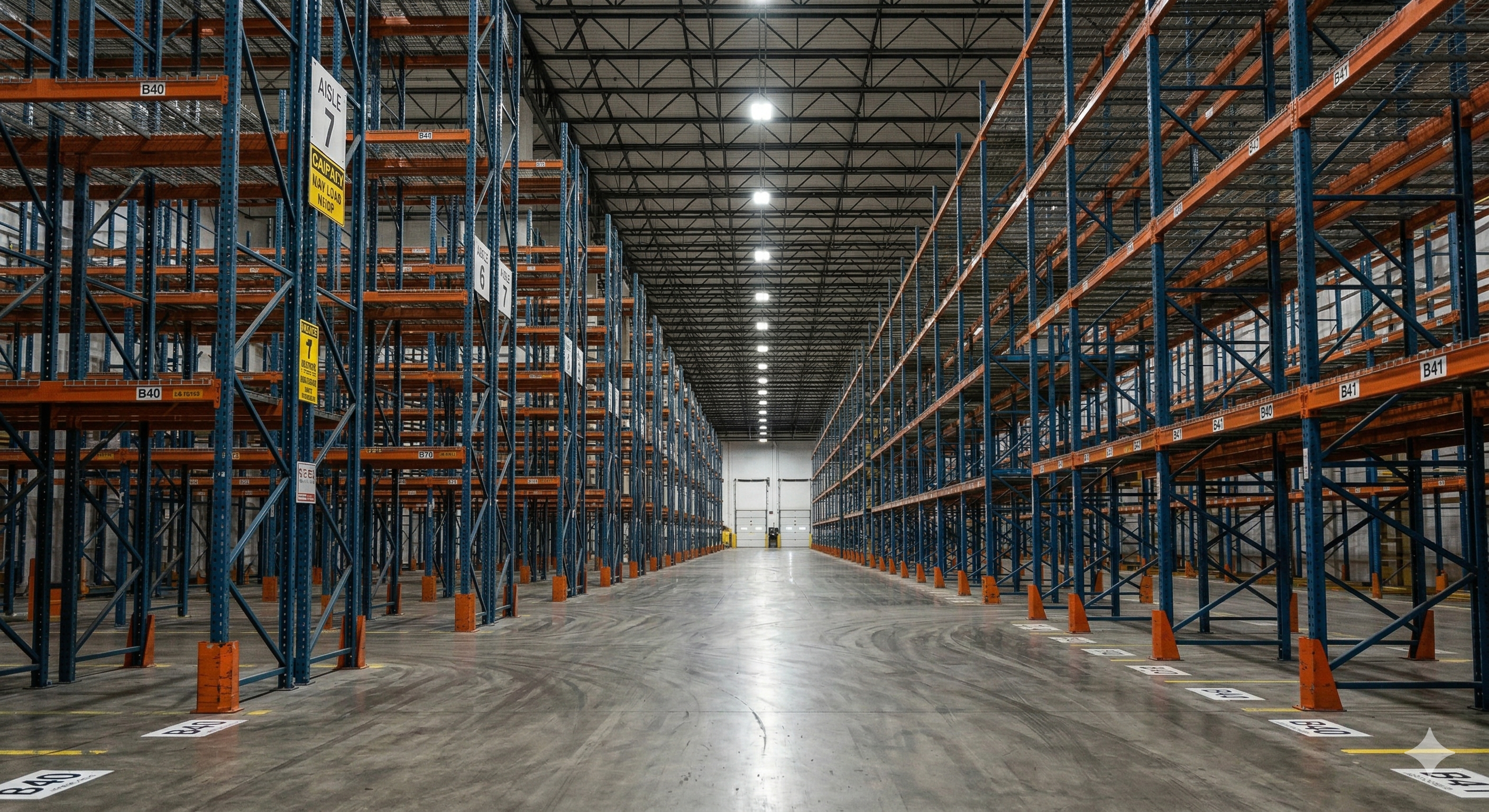 Massive industrial logistics warehouse with high ceilings, automated racking systems, and dramatic cinematic lighting
